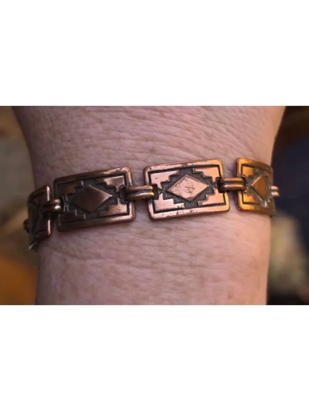 Vintage Copper Southwestern Geometric Diamond Panel Link Bracelet 7